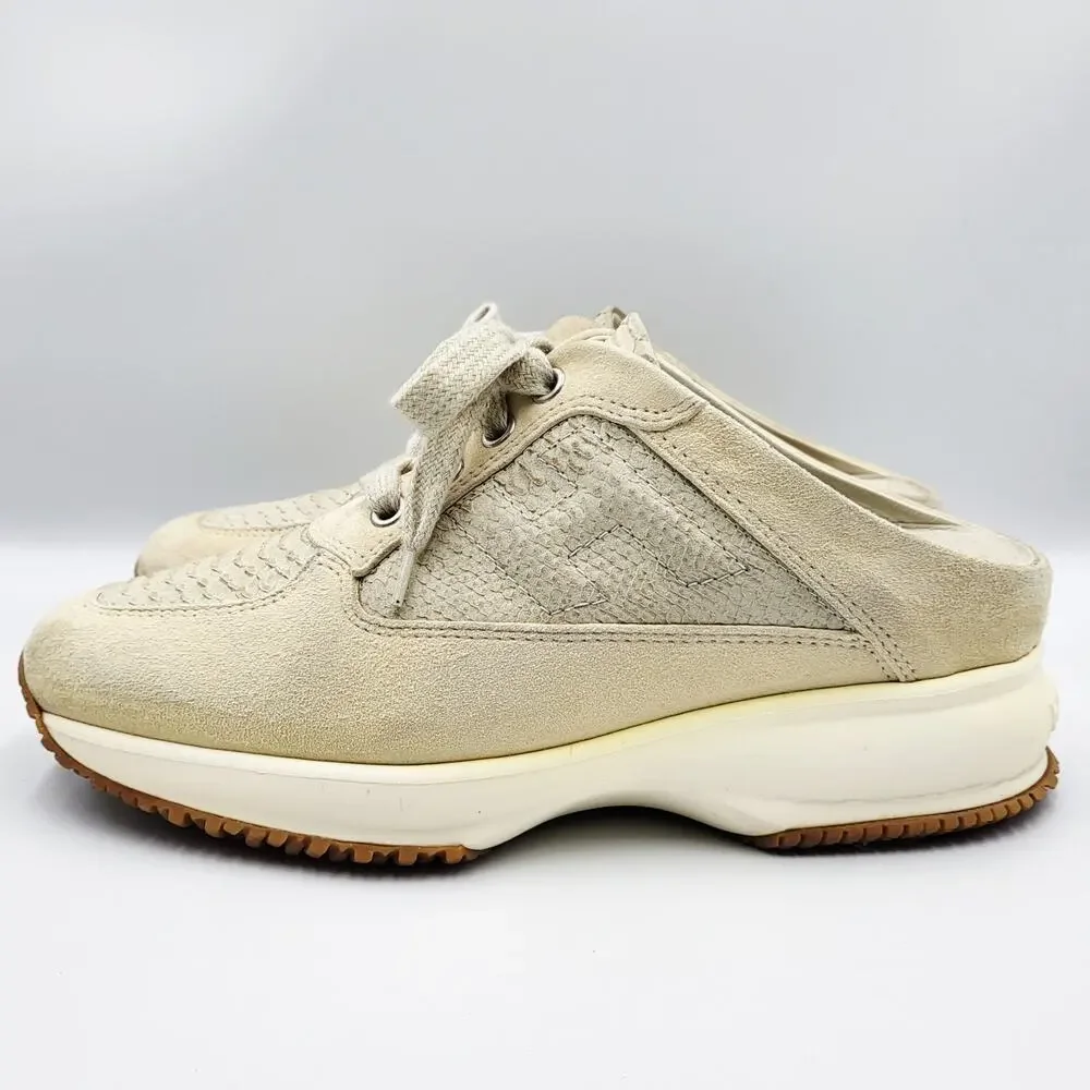 Hogan Interactive Cream Suede Snakeskin Slip On Mule Sneakers Made in Italy 36